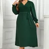 Plus Size Women Dresses Wrap V Neck Belt Elastic Long SemeVes Autumn Fall Sprimg Robe Solid Color Flowy Female Clothing 240311