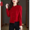 Suéter feminino ano vermelho tops inverno primavera 2024 mulheres manga comprida casual botão solto retro vintage sólido tricô pullovers jumer