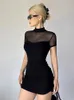 Goth Dark Mock Neck Y2K BodyCon Mini Dresses Gothic Women Mesh Patchwork Sheer Party Dress 240311