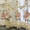 Cortinas rústicas europeias luxuosas brilhantes com fios de ouro bordados florais transparentes para sala de estar, quarto, tratamento de janela, haste de bolso