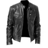 Chaqueta de cuero para hombre, nuevo estilo, personalidad, bolsillo con cremallera, Pu, cuello levantado, suéter para motocicleta, corte ajustado