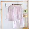 Conjunto de pijama de casal xadrez japonês de fio de algodão de verão, conjunto de duas peças de roupas para casa de manga comprida de algodão puro feminino primavera e outono