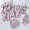 5-teiliges Pyjama-Set für Damen, Kimono-Kleid, Satin-Seiden-Nachtwäsche, lässige Nachtwäsche, intime Dessous mit Spitze, sexy Bademantel-Pyjamas 240308