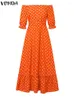 Feestjurken Vonda Bohemian Vrouwen Zonnejurk Polka Dot Maxi Jurk 2024 Zomer Off Schouder Half Mouw Losse Casual Gedrukt Lange Gewaad