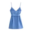 Robes décontractées femmes couleur unie lin une ligne mini avec slash sexy spaghetti sangle robe de soirée femme bleu