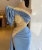 Satin Silk Evening Dresses Gold Appliques Puff Sleeve Mermaid Prom Gowns Slim Side Split Red Carpet Fashion Party Dresses