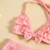 Kvinnors badkläder 0-24m mode sommar baby flickor bikini set söt båge droop hals toppar lager ruffles shorts hatt strandkläder bästa kvalitet bästa kvalitet