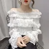 Spring Summer Fashion Sexy Off Shoulder Ruffle Elegant Chic Sweet Blouse Top Women Black White Slim Long Sleeve Shirts 240329