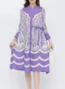 Casual Dresses Lanmrem Printing Pleated Dress for Women Stand Collar långa ärmar Single Breasted Fashion 2024 Spring Summer 2DA4302