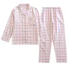 Conjunto de pijama de casal xadrez japonês de fio de algodão de verão, conjunto de duas peças de roupas para casa de manga comprida de algodão puro feminino primavera e outono
