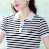 New Womens Shirt Striped Short sleeved T-shirt Womens Summer 2024 New Middle aged Mom Slimming Polo Shirt T