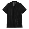 Men's Casual Shirts 2024 Men Summer Shirt Hollow Out Short Sleeves Lapel See-through Thin Single-breasted Cardigan Solid Color Male Sport