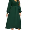 Plus Size Women Dresses Wrap V Neck Belt Elastic Long SemeVes Autumn Fall Sprimg Robe Solid Color Flowy Female Clothing 240311