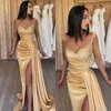 Elegant Champagne Gold Prom Dresses Sequins Straps Evening Gowns Pleats Slit Formal Long Special Occasion Party dress YD