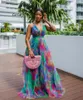 Casual Dresses Color Block V-Neck Women Maxi Dress to Floor Long Beach Robe African Party Holiday Summer Sexig Backless