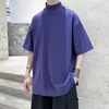 Мужские футболки 2024, однотонная летняя свободная футболка с воротником-стойкой с коротким рукавом, корейская мода, легкая и удобная