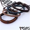 Charme pulseiras corda couro artesanal trançado mtilayer contas de madeira retro conjunto para homens punk ajustável pulseira festa jóias drop delive dhkph