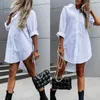 Casual Dresses Elegant Women's White Blue Top Spring/Summer Simple Loose Fit Long Sleeve V-Neck-knappskjorta