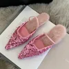 Geklede schoenen Aneikeh dames zijden bling bont decoratieve lage hak enkele schoen 2024 zomer elegante sexy puntige open bruiloft pompen