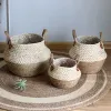 Baskets Handmade Woven Seaweed Storage Baskets Folding Seagrass Belly Garden Flower Pot Plant Basket Straw Storage Boxes For Home Decor