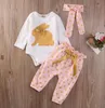 2018 Baby Girl Clothes Rabbit tryckt långa ärmar Romperpantsheadband Spädbarnskläder 3st.