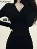 Рабочие платья Женская одежда Темперамент Комплекты из 2 предметов Двубортное укороченное пальто Туника с v-образным вырезом Черное облегающее мини-платье Наряды Модный костюм