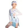 Stage Wear Fashion Professional Dancing Dresses Kids Performance Latin Dance Dress Girls Blue Mesh Sleeves Fringed SL9177