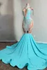 2024 Colorful Satin Women Long Mermaid Flormal Dresses Illusion Halter Collar And Waist Luxury Beading Rhinycrystals Sweep Train Mermaid Ladies Prom Party Gowns