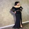 Tailliertes schwarzes Ballkleid mit geschlitzten Schultern, langärmeliges Satin-Meerjungfrau-Abendkleid, elegantes Abendessen, formelles Tanzpartykleid, Kleid für besondere Anlässe, Vestio