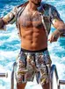 Erkek Trailtsits Retro Geometrik Baskı Mens Yaz Günlük Kısa Kollu Yakel Gömlek ve Mens Moda Seti için Kısa Kollu Plaj Seti Q240314
