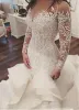 Vestido de noiva lange mouwen trouwjurken met pure nek vintage zeemeermin appliques kant tule bruidsjurken