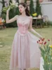 Casual Jurken Vrouwen Zomer Roze Kant Bruiloft Lange Feestjurk 2024 Franse Vintage Prinses Fee Zoete Bloemen Elagant Vestidos