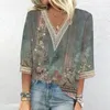 Women's T Shirts 2024 Summer Tops for Floral Printed 3/4 Sleeve V Neck With Lace Trimed Cuffs Vintage Graphic Tees Streetwear