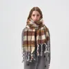 Scarves 2024 Women's Merad Style Brown Plaid Tassel Faux Cashmere Scarf Winter Retro Warm Shawl As A Christmas Gift