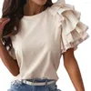 女性用ブラウスファッションブラウスOネックアンチピリング伸縮性のある女性Tシャツレイヤードフリル半袖レディース衣料品シャツトップ