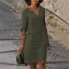 Abiti casual Mini abito da donna con scollo a V in cotone e lino manica corta da vacanza tinta unita premaman midi per vestaglia da donna