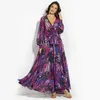 Kobiety z długim rękawem V Neck Floral Printed Boho Vintage Maxi Dress Holiday Beach Sukienka Sprężyna Jesienna Długa sukienka 240301