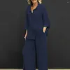 Zweiteilige Damenhose, Sommer-Freizeitset für Damen, stilvoller Baumwoll-Leinen-Anzug mit Langarm-Shirt, weites Bein, Hose, elegante Frau