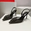 Venda quente mulheres sexy sandálias de salto alto designer de pista de alta qualidade genuíno com decoração de strass estilingue vestido feminino casamento sapatos de salto alto