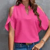 Kvinnors blusar Solid Color Women Shirt Stylish V-Neck Cold Shoulder Blus Loose Fit Pullover Top Elegant for Fashionable