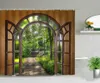 Fönster utanför Forest Bridge Spring Landscape Creativity Dusch Curtain Zen Stone Tree Building Scenery Tyg gardiner med krok 24591786