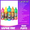 Original VAPME FIRE 9000 bouffées Bobine de maille de vape jetable 850mAh Type-c E cigarette 15ml Chariots préremplis 18 saveurs Barres bouffantes de stylo vape Lumière RVB Vs TORNADO 9K BANG BOX 12K