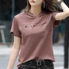 Camiseta feminina de algodão com capuz, manga curta, branca, fina, meia manga, estilo ocidental, redução de idade, camiseta coreana de verão