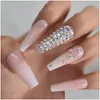 False Nails Nail Art 3D Rhinestones Press On Coffin Pre Design Extra Long Tips Display Ombre Fake Nude Pink Artificial Drop Delivery Dhrmk