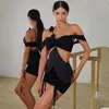 Stage Wear Sexy Latin Dance Clothes Summer Women Flower Fringed Tops Black Skirt Adult Performance Clothing Practice NV19727
