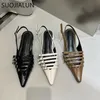 Suojialun Spring Brand Kvinnor Sandal Fashion Point Toe Grunt Slip On Ladies Slingback Shoes Square Low Heel Mules 240307