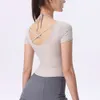 Lu Align T-shirt à manches de yoga au citron pour femmes, court, couleur unie, coupe cintrée, haut de course, respirant, séchage rapide, gilet de gymnastique avec coussinets de poitrine, sport