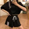 Net red sportswear suit womens summer drawstring short top Korean high waist loose split shorts two piece set