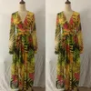 Kobiety z długim rękawem V Neck Floral Printed Boho Vintage Maxi Dress Holiday Beach Sukienka Sprężyna Jesienna Długa sukienka 240301