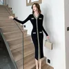 Casual Dresses Vintage Elegant Slim Knit Long Dress Women Sleeve V-neck Single-breasted Split 2024 Spring Stylish Fashion Vestidos